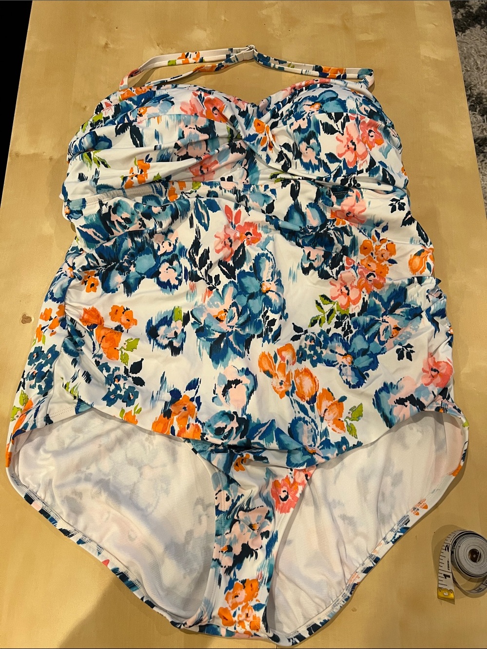 Time and Tru White Floral One-Piece Swimsuit with Blue & Orange Print 2X NWOT